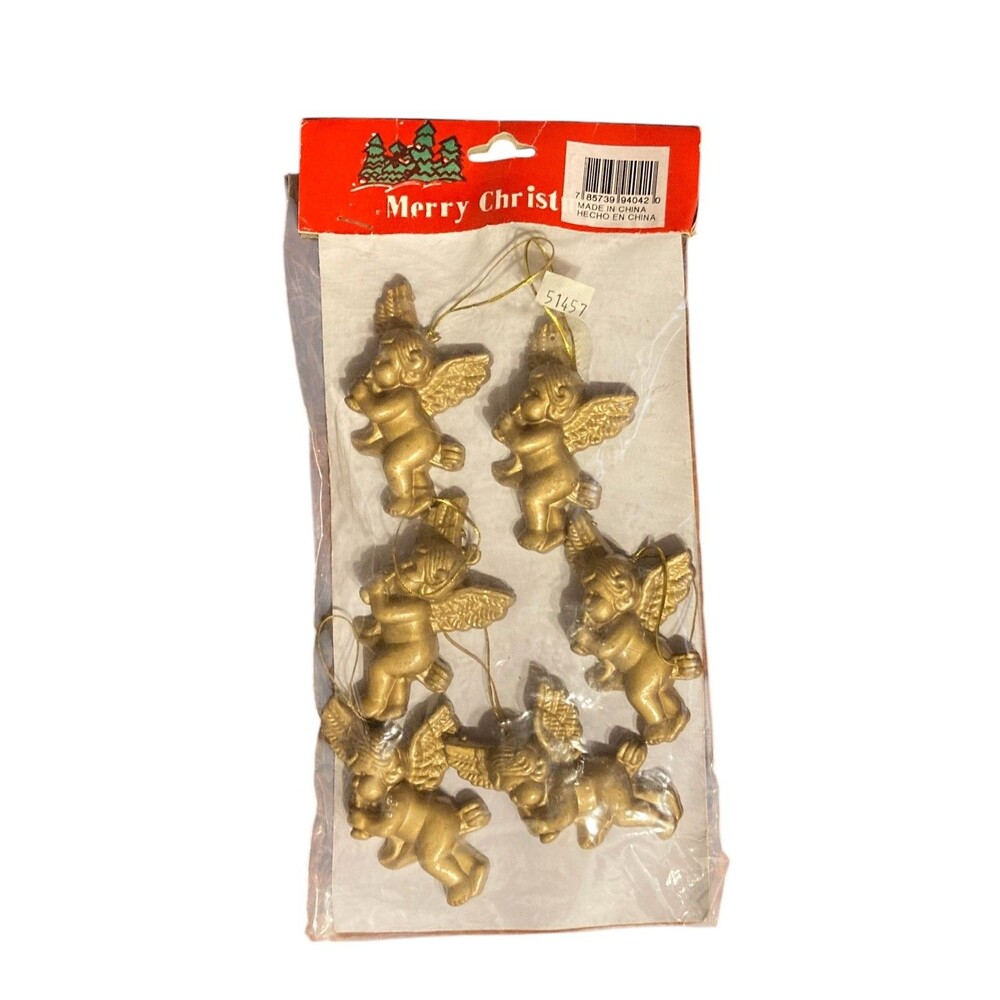 Set of 6 Vintage Copper Plastic‎ Cherub Angel Ornaments Playing Instruments